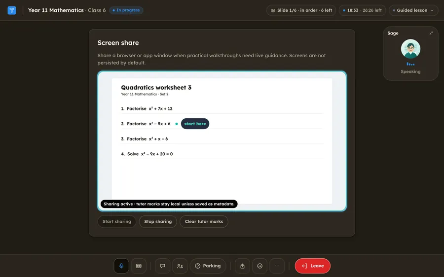Screen share on. The student is sharing a worksheet, Quadratics worksheet 3, with four factorising questions. Sage has put a marker beside question two that reads start here, and its tile shows that it is speaking.