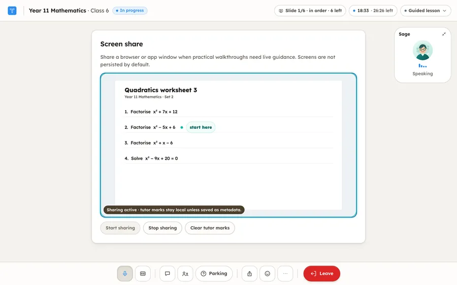 Screen share on. The student is sharing a worksheet, Quadratics worksheet 3, with four factorising questions. Sage has put a marker beside question two that reads start here, and its tile shows that it is speaking.
