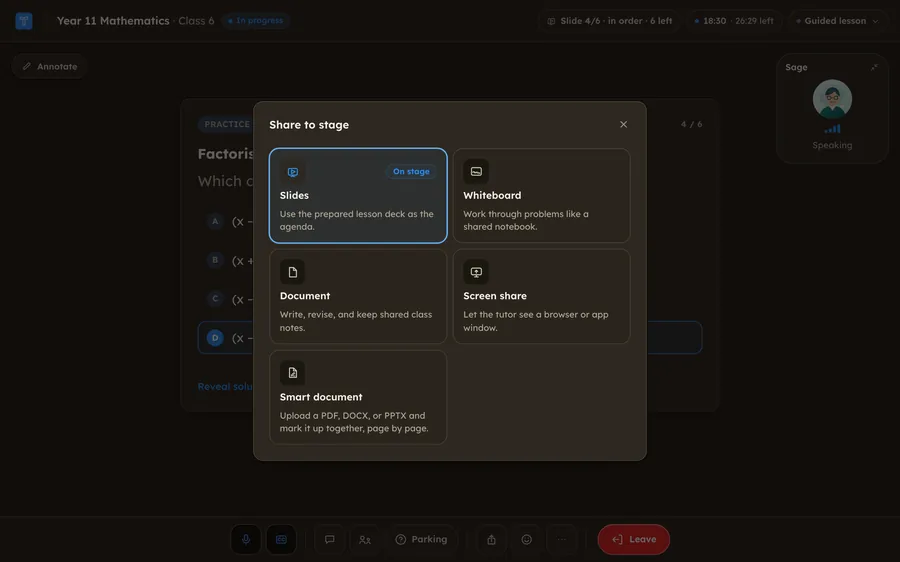 The Share to stage dialog in the live class: Slides, Whiteboard, Document, Screen share and Smart document, each with a line saying what it is for. Slides is marked On stage.
