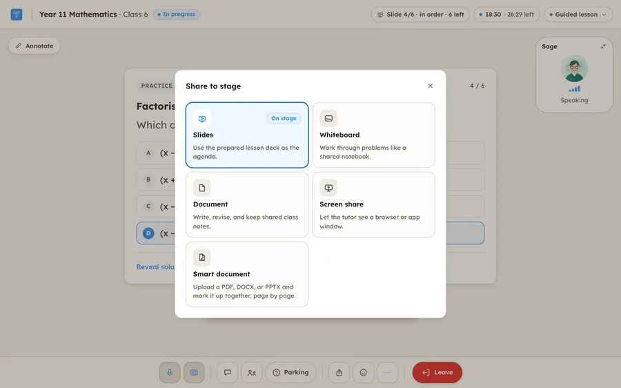 The Share to stage dialog in the live class: Slides, Whiteboard, Document, Screen share and Smart document, each with a line saying what it is for. Slides is marked On stage.