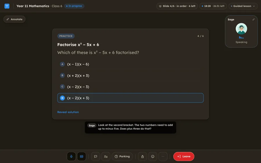 The live class on a practice slide, Factorise x squared minus 5x plus 6, with four possible answers and one picked. Sage, the tutor, is speaking and the caption reads: Look at the second bracket. The two numbers need to add up to minus five. Does plus three do that?